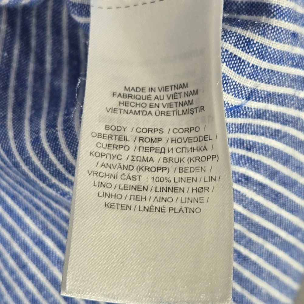Lauren Ralph Lauren Shirt L Blue White Striped 100% Linen Tie Front Short Sleeve - Picture 9 of 11